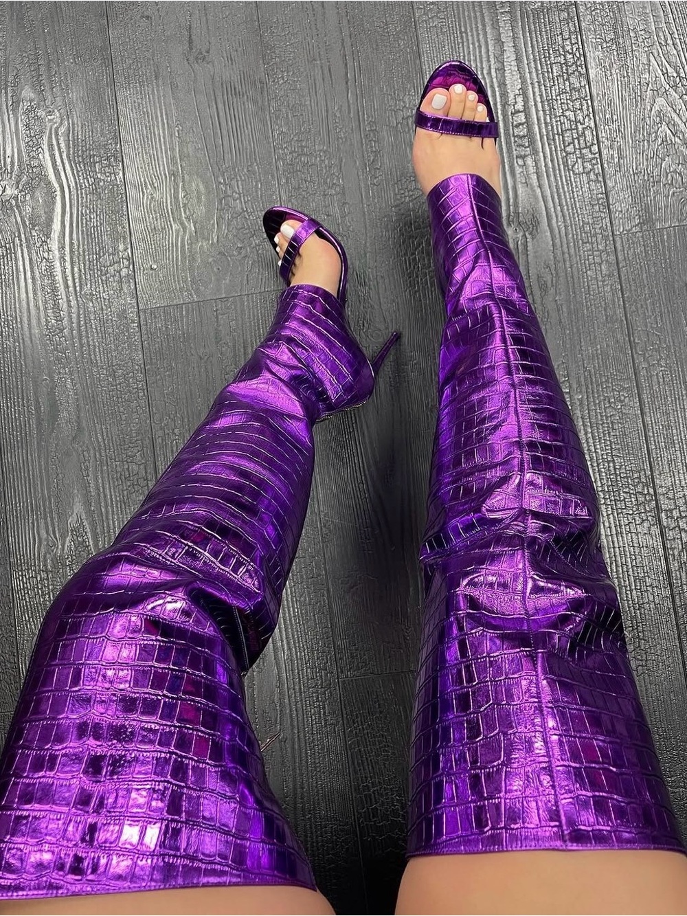 Jennifer Le Metallic Purple Croc-Embossed Thigh-High Sandal Boots